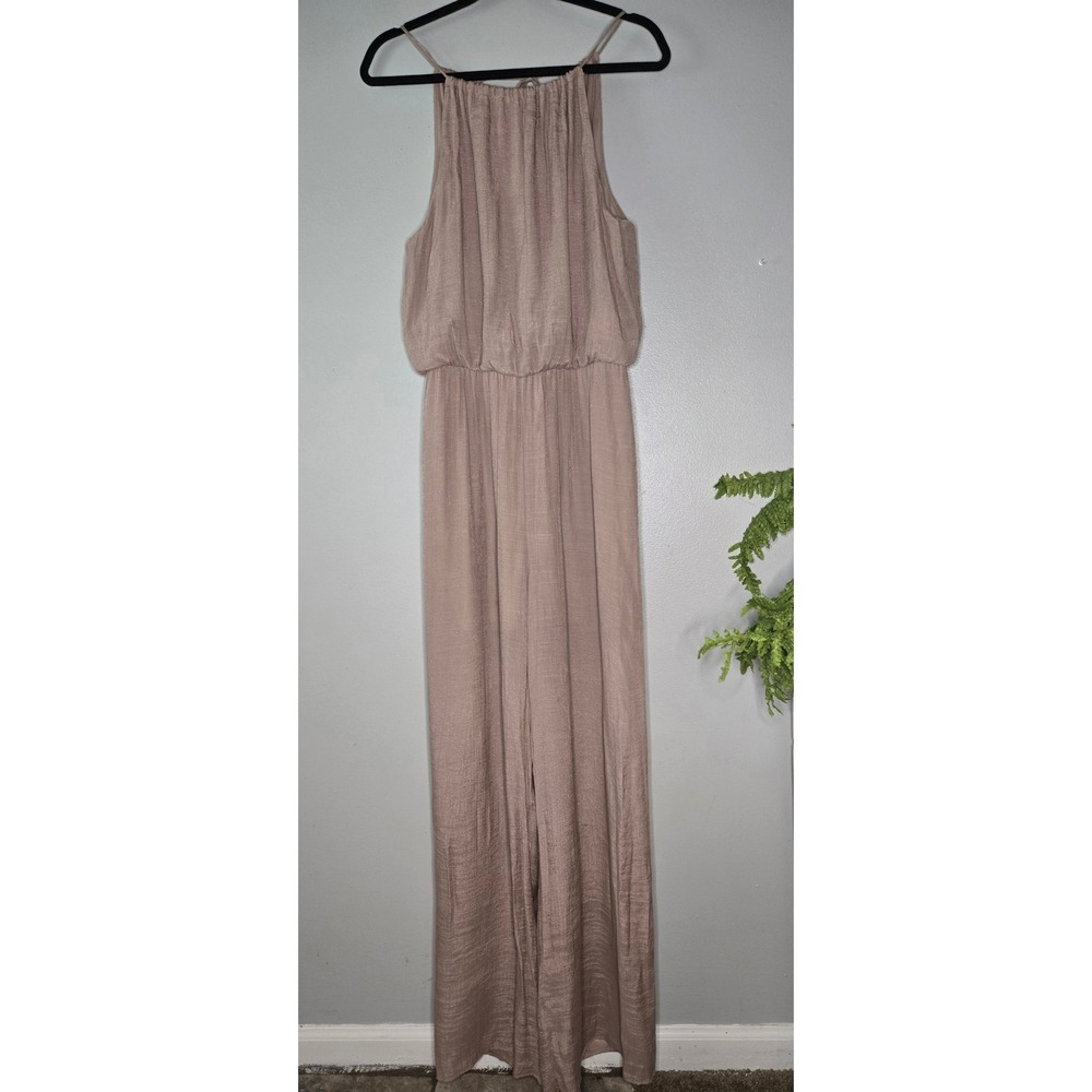 Mittoshop Sleeveless Wide Leg Halter Jumpsuit Taupe Blush Made in USA Large - Picture 2 of 8